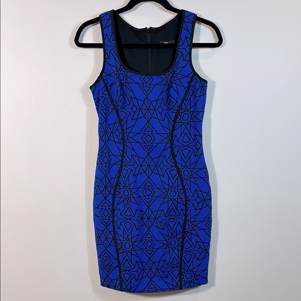 Lotus Threads New York Blue Black Geometric Stretch Bodycon Mini Dress Small